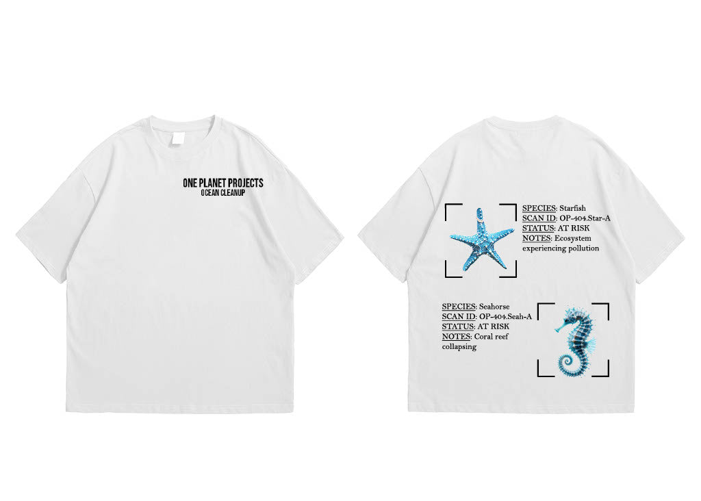 White t-shirt with sea creature graphics and text on a white background